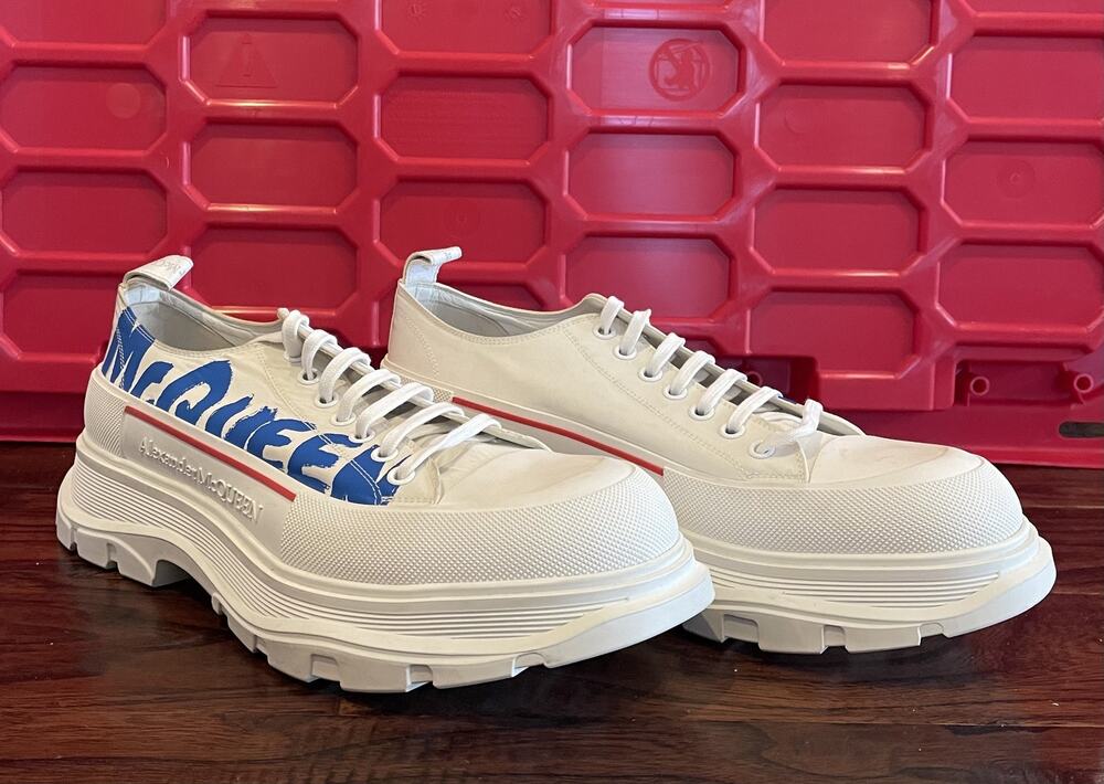 $995 New Alexander McQueen Tread Slick White Blue Graffiti Chunky Sneaker 15(48)